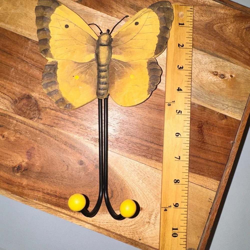 Butterfly Wall Hook Home Decor Yellow Brown Rustic Wood Metal 9.5in Vintage